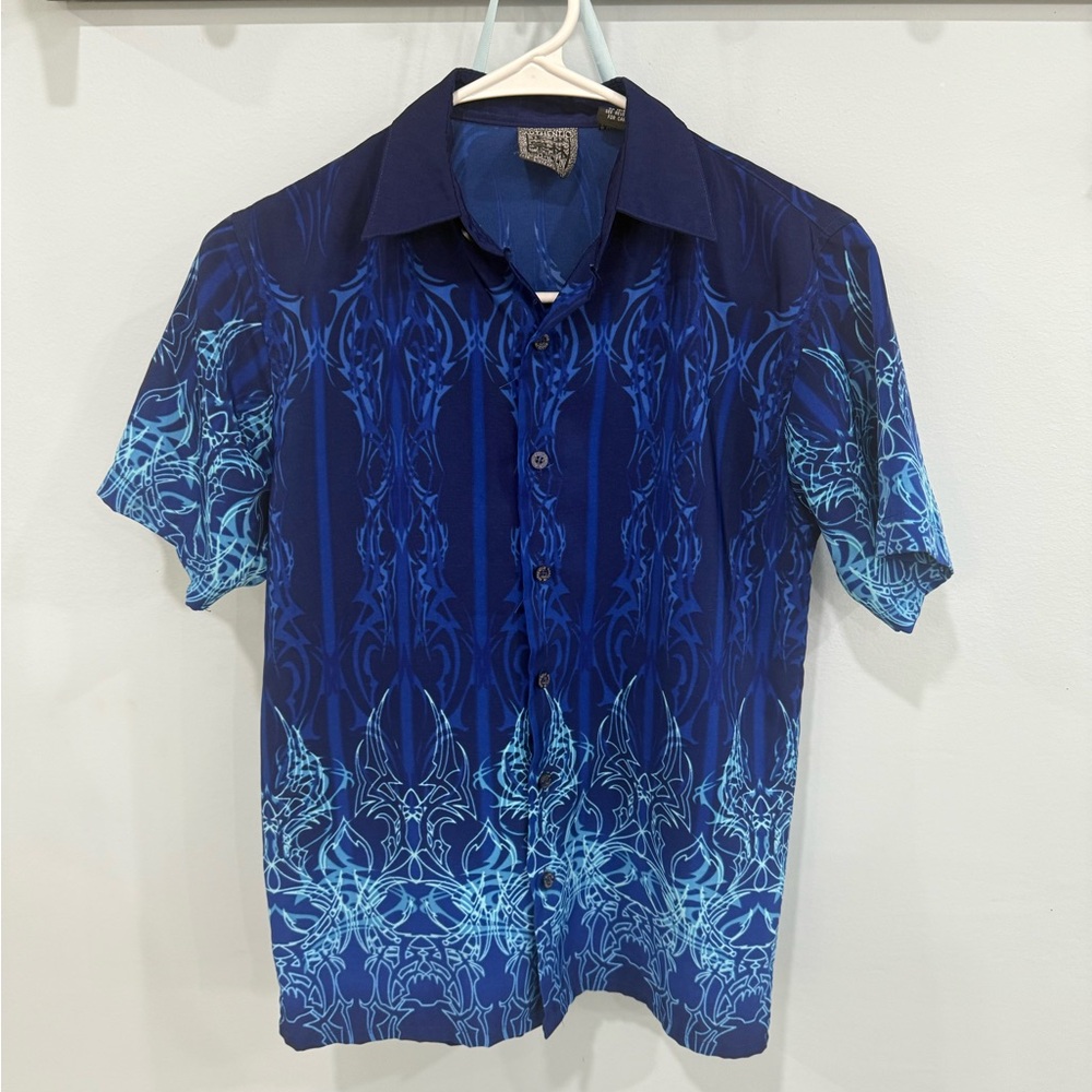 Authentic Shaolin silky Kids Blue Patterned Button up Shirt, size S/8